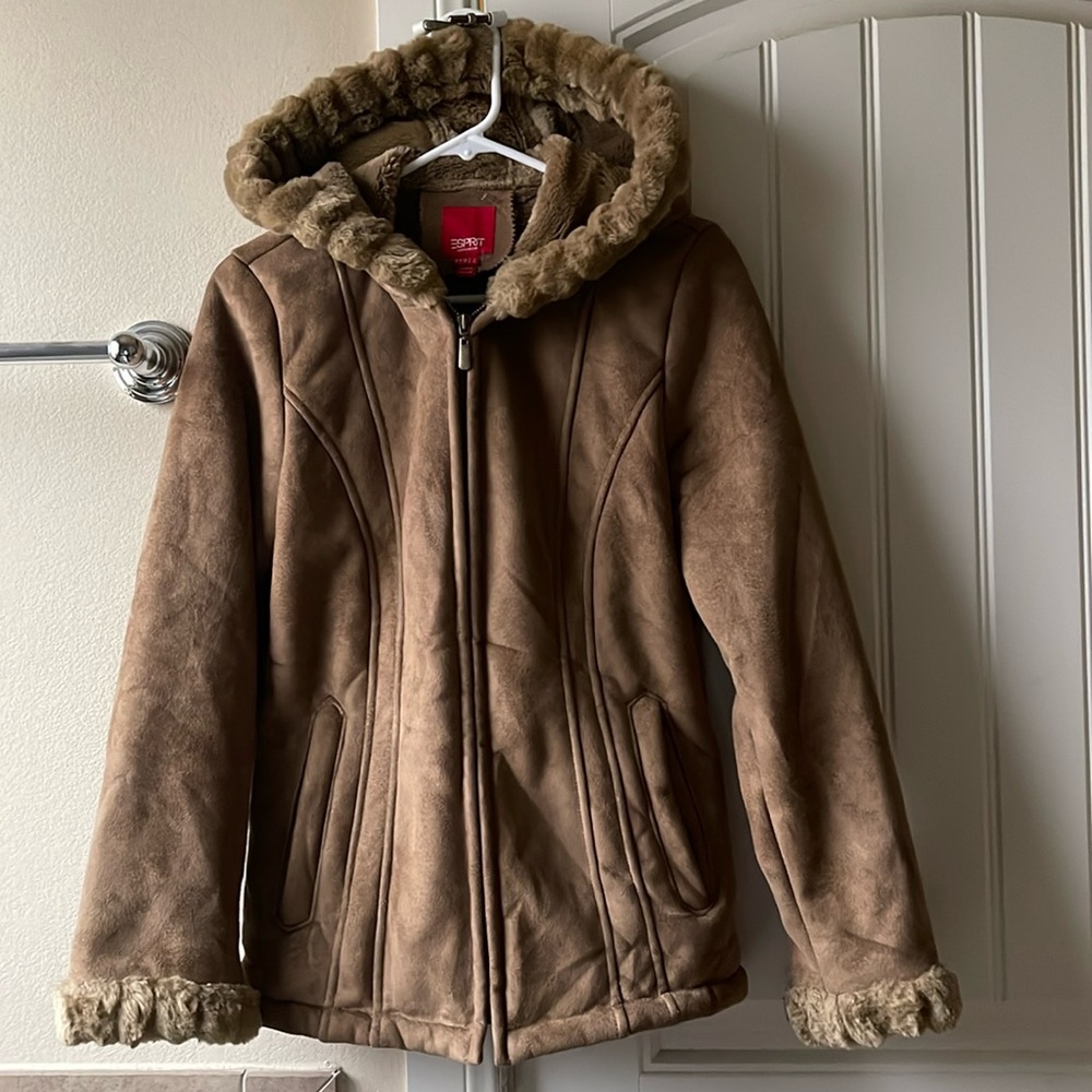 Vintage 1990s Esprit Faux Suede Faux Fur Lined Hooded Coat Jacket Small